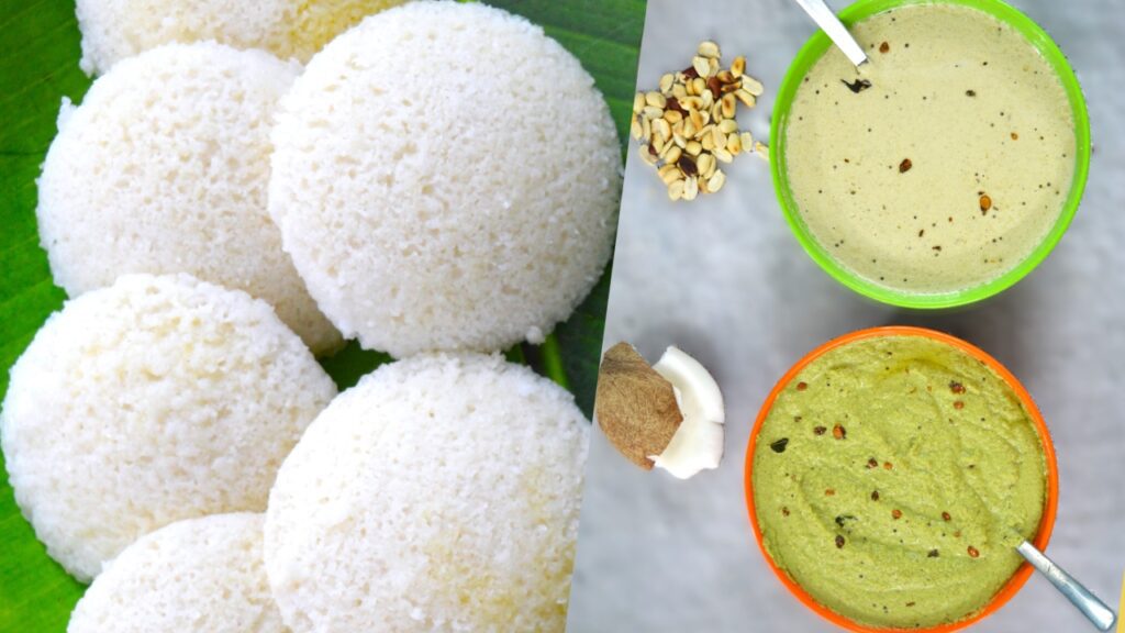 Idli with Coconut Chutney and Peanut chutney